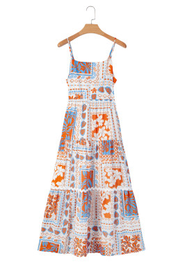 Orange Floral Print Ricrac Trim Spaghetti Straps Maxi Dress