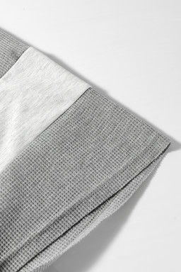 Light Grey Two Tone Contrast Waffle Knit Patched Buttoned V Neck Top