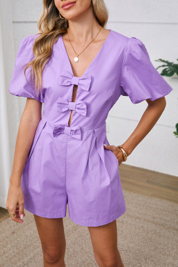 Wisteria Solid Color Bow Puff Sleeve High Waist Romper