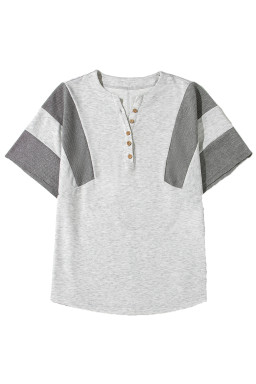 Light Grey Two Tone Contrast Waffle Knit Patched Buttoned V Neck Top