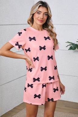 Pink Allover Bow Print Pockets Cropped Pajama Set