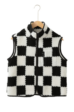 Black Checkered Sherpa Collared Jacket Vest