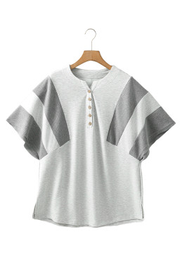 Light Grey Two Tone Contrast Waffle Knit Patched Buttoned V Neck Top
