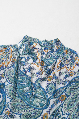 Blue Bohemian Paisley Floral V Neck Puff Sleeve Mini Dress