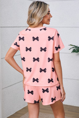 Pink Allover Bow Print Pockets Cropped Pajama Set