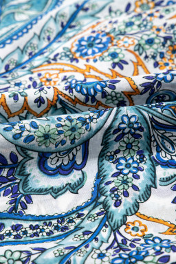 Blue Bohemian Paisley Floral V Neck Puff Sleeve Mini Dress