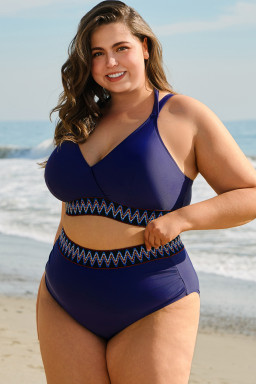 Navy Blue Embroidered Trim Wrap Tie Knot Plus Size High Waisted Bikini Set