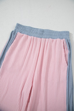 Pink Corded Colorblock Short Sleeve Top and Wide Leg Pants Set