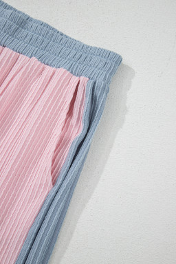 Pink Corded Colorblock Short Sleeve Top and Wide Leg Pants Set