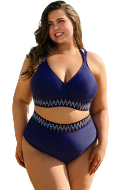 Navy Blue Embroidered Trim Wrap Tie Knot Plus Size High Waisted Bikini Set