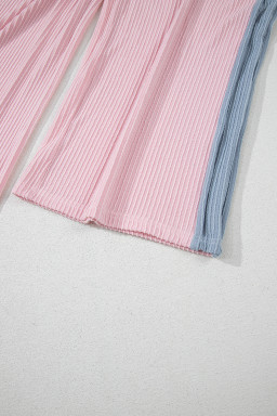 Pink Corded Colorblock Short Sleeve Top and Wide Leg Pants Set