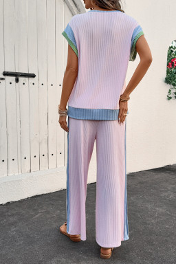 Pink Corded Colorblock Short Sleeve Top and Wide Leg Pants Set