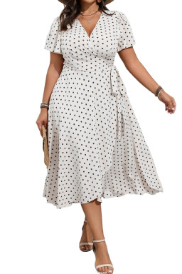 Khaki Polka Dot Surplice V Neck Flutter Sleeve Flowy Plus Size Midi Dress