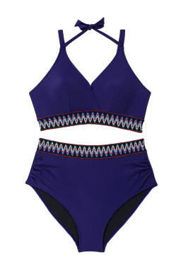 Navy Blue Embroidered Trim Wrap Tie Knot Plus Size High Waisted Bikini Set