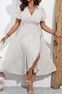 Khaki Polka Dot Surplice V Neck Flutter Sleeve Flowy Plus Size Midi Dress