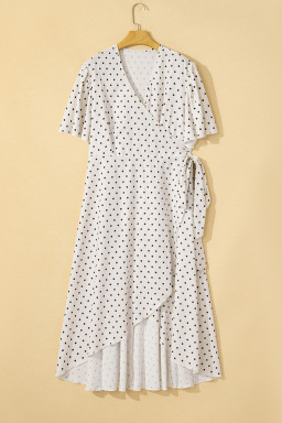 Khaki Polka Dot Surplice V Neck Flutter Sleeve Flowy Plus Size Midi Dress