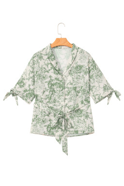 Green Boho Abstract V-Neck Button Shirt