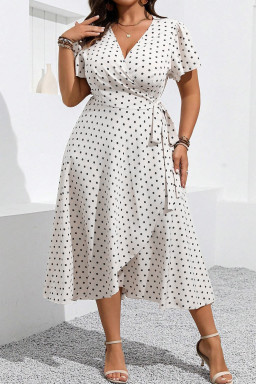 Khaki Polka Dot Surplice V Neck Flutter Sleeve Flowy Plus Size Midi Dress