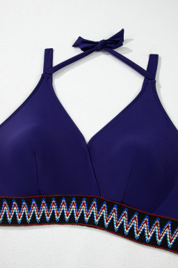 Navy Blue Embroidered Trim Wrap Tie Knot Plus Size High Waisted Bikini Set