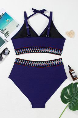 Navy Blue Embroidered Trim Wrap Tie Knot Plus Size High Waisted Bikini Set