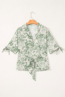 Green Boho Abstract V-Neck Button Shirt
