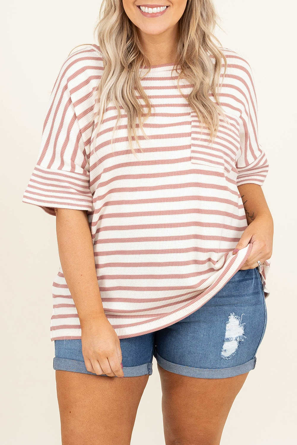 Pink Stripe Waffle Knit Pocket Half Sleeve Plus Size T Shirt