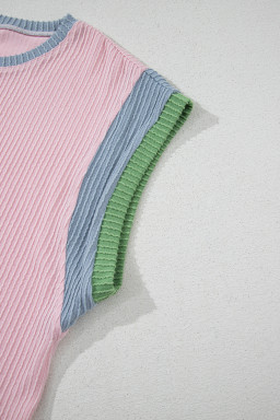 Pink Corded Colorblock Short Sleeve Top and Wide Leg Pants Set