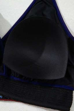 Navy Blue Embroidered Trim Wrap Tie Knot Plus Size High Waisted Bikini Set