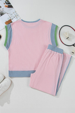 Pink Corded Colorblock Short Sleeve Top and Wide Leg Pants Set
