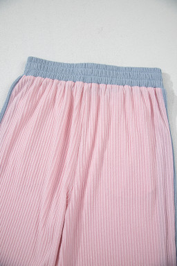 Pink Corded Colorblock Short Sleeve Top and Wide Leg Pants Set