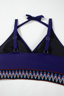 Navy Blue Embroidered Trim Wrap Tie Knot Plus Size High Waisted Bikini Set