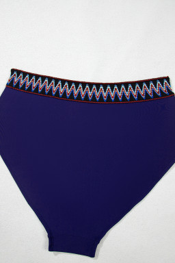 Navy Blue Embroidered Trim Wrap Tie Knot Plus Size High Waisted Bikini Set