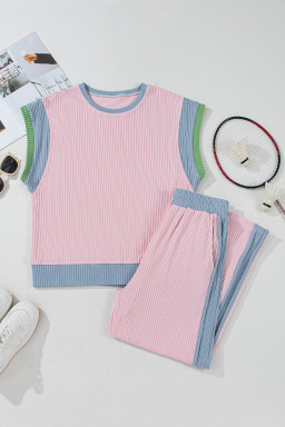 Pink Corded Colorblock Short Sleeve Top and Wide Leg Pants Set