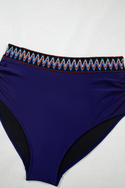 Navy Blue Embroidered Trim Wrap Tie Knot Plus Size High Waisted Bikini Set