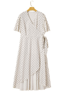 Khaki Polka Dot Surplice V Neck Flutter Sleeve Flowy Plus Size Midi Dress