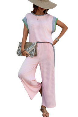 Pink Corded Colorblock Short Sleeve Top and Wide Leg Pants Set