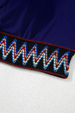 Navy Blue Embroidered Trim Wrap Tie Knot Plus Size High Waisted Bikini Set