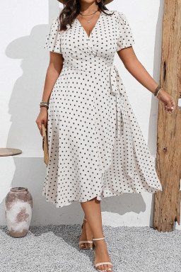 Khaki Polka Dot Surplice V Neck Flutter Sleeve Flowy Plus Size Midi Dress