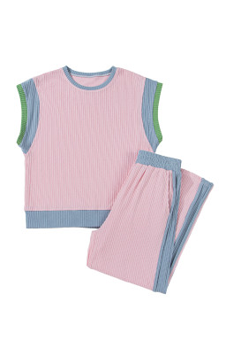 Pink Corded Colorblock Short Sleeve Top and Wide Leg Pants Set