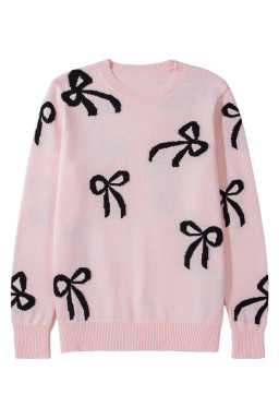 Light Pink Bow Print Long Sleeve Loose Fit Sweater