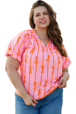 Rose Bowknot Print Shirred V Neck Puff Sleeve Plus Size Blouse