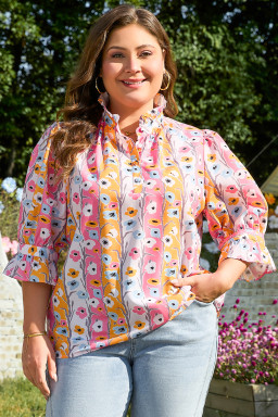 Pink Plus Size Floral Print Boho Blouse