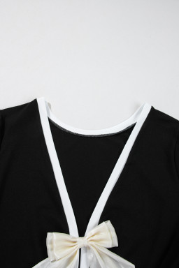 Black Knitted Bow Tie Back Round Neck Long Sleeve Top