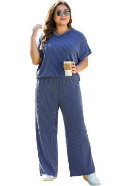 Sail Blue Plus Size Ribbed Top and Wide Leg Pants Set