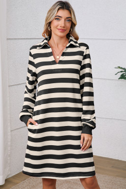 Black Stripe Pocket Collared V Neck Loose Fit Mini Dress