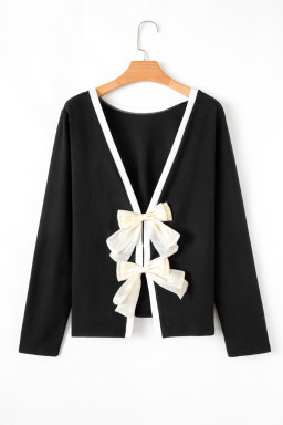 Black Knitted Bow Tie Back Round Neck Long Sleeve Top