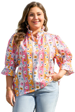 Pink Plus Size Floral Print Boho Blouse