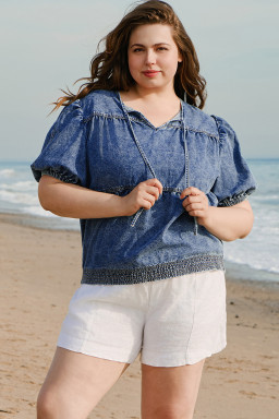 Sail Blue Plus Size Tie V Neck Puff Sleeve Denim Blouse