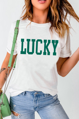 White LUCKY Print Round Neck St Patricks T Shirt