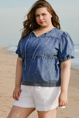 Sail Blue Plus Size Tie V Neck Puff Sleeve Denim Blouse